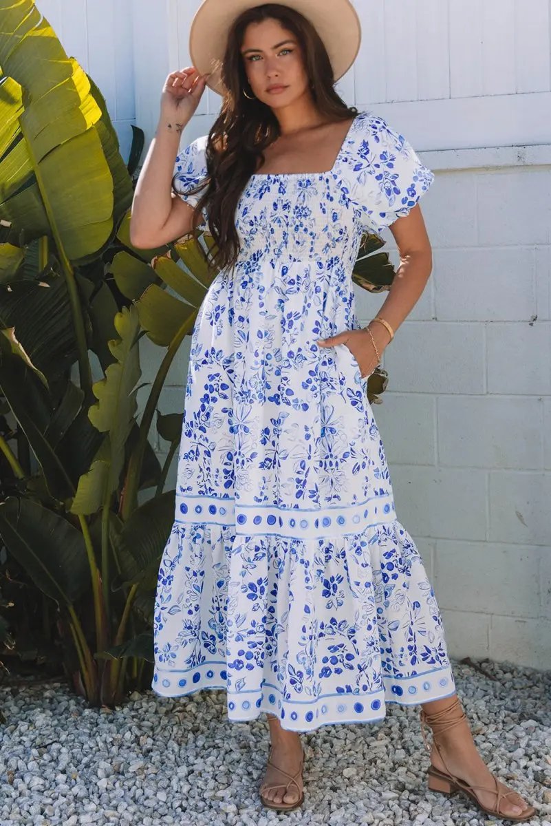 Sky Blue Floral Print Square Neck Bubble Sleeve Dress - Love Salve
